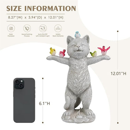MININOVA Solar Outdoor Decorations Garden Statue Cat Figurines with Birds for Yard Patio Balcony Lawn Outside Ornaments Gifts for Women Mother Kids