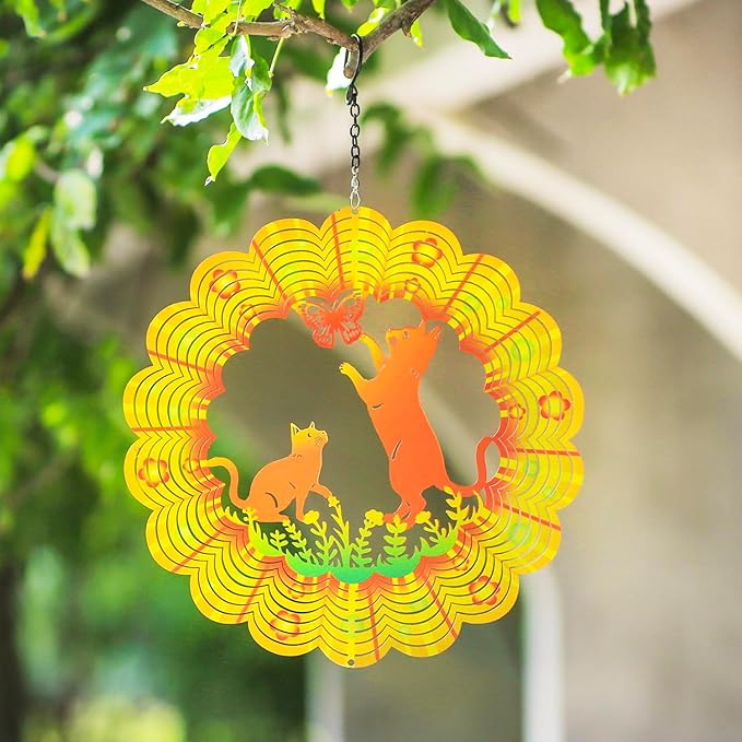 Cat Wind Spinners Cat Gifts for Women/Men 12 inch 3D Stainless Steel Hanging Wind Spinner Metal Wind Catchers Kinetic Sculpture for Indoor/Outdoor Decor, Yard Art, Garden Decorations