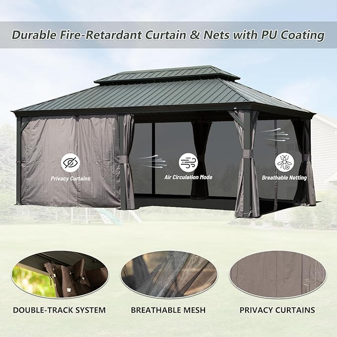 Domi 12' X 20' Hardtop Gazebo Large Outdoor Metal Gazebo with Galvanized Steel Double Roof Canopy, Aluminum Frame, Curtains and Netting for Patio, Deck, Garden, Grey