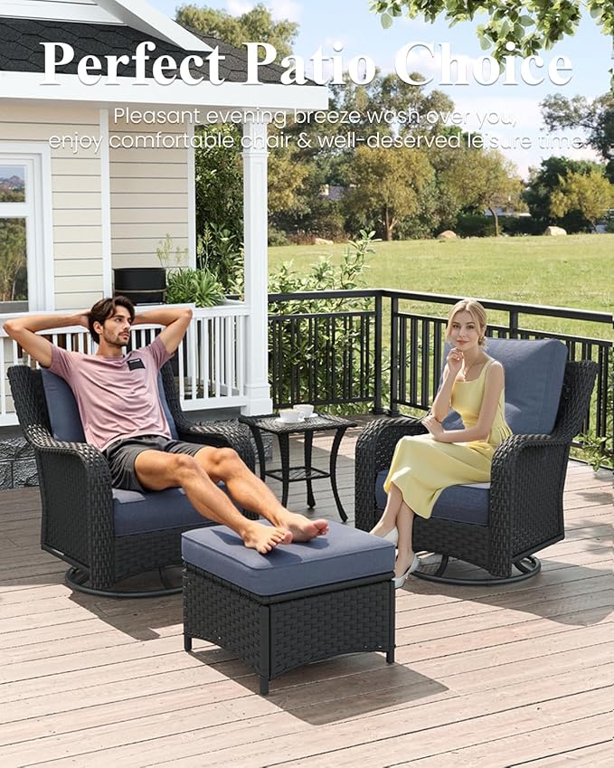 LayinSun 8 Piece Wicker Outdoor Furniture Set with 6-inch Comfy Cushions, High Back Patio Furniture Set with Swivel Rocking Chairs and Fire Pit Table