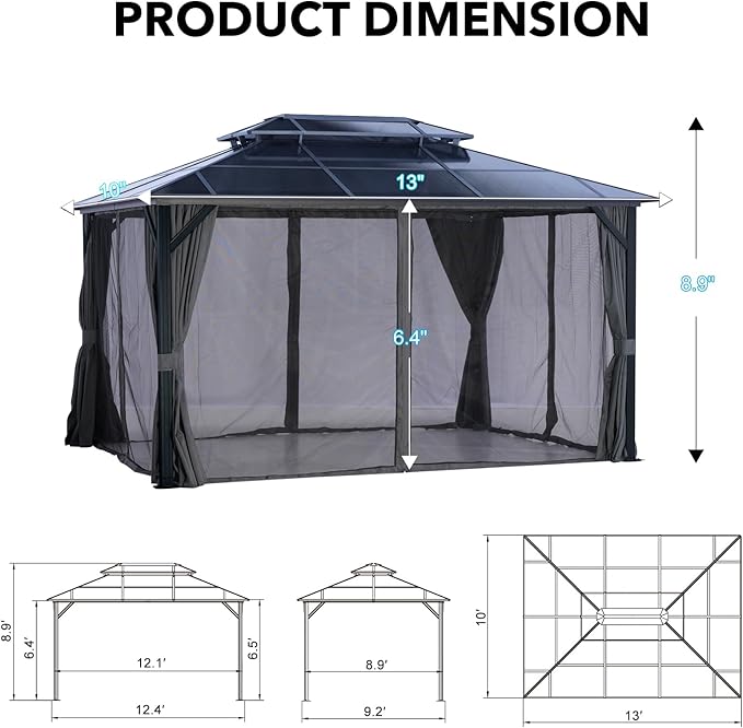 LeDoasis 10' X 13' Hardtop Gazebo, Outdoor Permanent Polycarbonate Double Roof Canopy with Breathable Netting & Privacy Curtain for Patio Backyard Garden Lawn Party