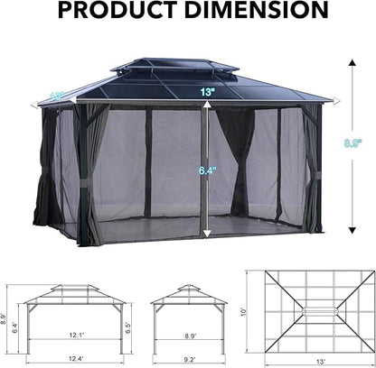 LeDoasis 10' X 13' Hardtop Gazebo, Outdoor Permanent Polycarbonate Double Roof Canopy with Breathable Netting & Privacy Curtain for Patio Backyard Garden Lawn Party