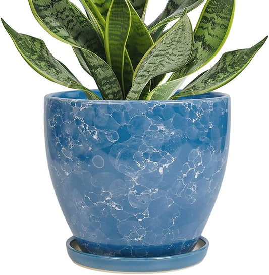 Ceramic Pots for Plants - 6 Inch Planter with Drainage Hole and Plant Tray, Decorative Succulent Pot, Round Flower Planter for Indoor, Garden Living Room Decor, Gifts for Plant Lovers, Blue