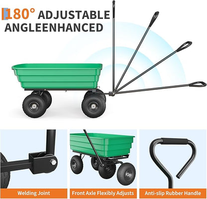 Garden Dump Cart, 4 Cu.Ft. 600Lbs Garden Cart, Heavy-Duty 4 Wheel Wheelbarrow Yard Cart with 10-Inch All-Terrain Wheels, Features A Quick-Release Tipping Function, for Courtyards, Farm, Gardening