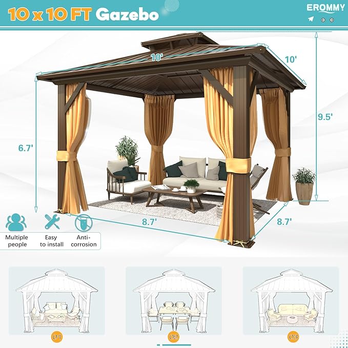 EROMMY 10'x10' Gazebo Hardtop, Galvanized Steel Double Roof Metal Gazebo with Aluminum Frame, Permanent Outdoor Pavilion with Curtain and Netting for Patio, Lawn and Garden, Brown