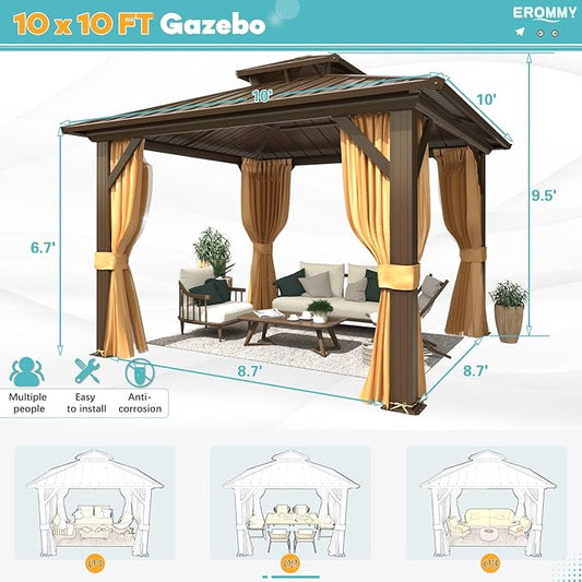 EROMMY 10'x10' Gazebo Hardtop, Galvanized Steel Double Roof Metal Gazebo with Aluminum Frame, Permanent Outdoor Pavilion with Curtain and Netting for Patio, Lawn and Garden, Brown