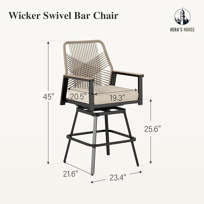 HERA'S HOUSE Outdoor Swivel Bar Stools Set of 2, High Top Patio Chairs with All Weather Cushion Pro Fabric, Bistro Set for Backyard, Lawn Garden, Balcony,Poolside