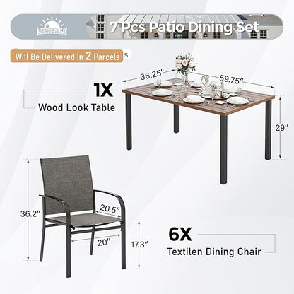 7 PCS Patio Dining Set for 6, Rectangular Wood-Like Metal Table with Umbrella Hole and 6 Chairs, Outdoor Table and Chairs for Lawn Garden Backyard and Deck, Brown