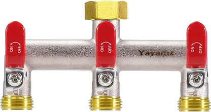3 Way Garden Hose Splitter, Heavy Duty Brass Nickel Plated Rust Resistant Faucet Manifold, 3/4" Frost Resistant Outdoor Hose Adapter Connector，Hose Spigot Adapter with 3 large red handles