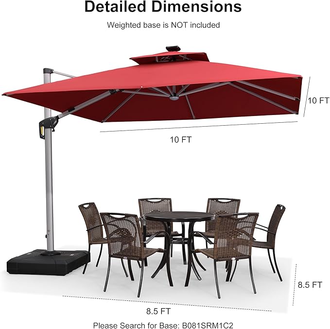 PURPLE LEAF 10 Feet Double Top Deluxe Solar Powered LED Square Patio Umbrella Offset Hanging Umbrella Outdoor Market Umbrella Garden Umbrella, Terra