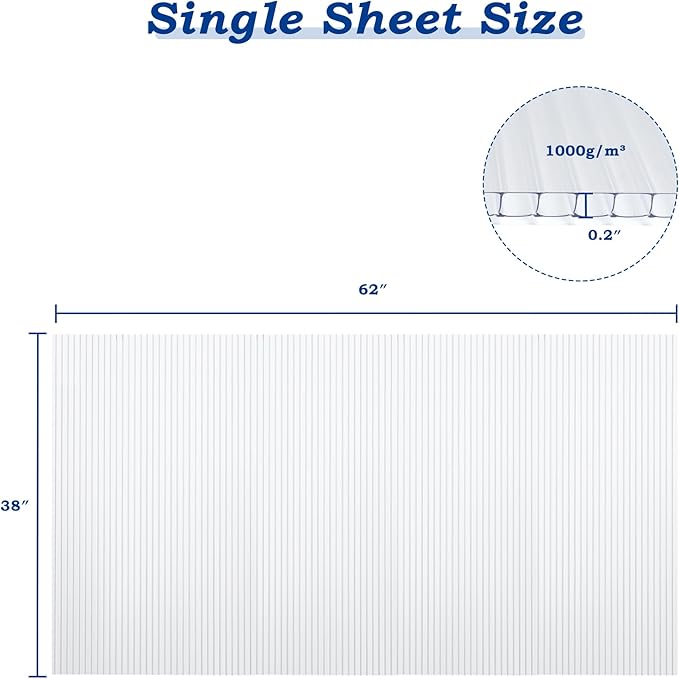 BPS 6Pcs 62'' (W) x 38'' (L) x 0.2'' Polycarbonate Panels, Waterproof UV Protected Reinforced Sheets, Outdoor Greenhouse and Gazebo Covering, Twin-Wall Clear Sheets