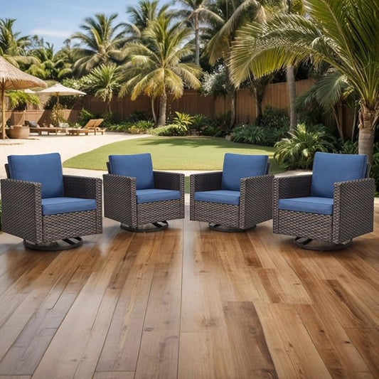 Luxury Outdoor Swivel Patio Chairs Set of 4, Wicker Swivel Outdoor Chairs Set of 4, 4 Piece Patio Furniture Set for Porch, Deck, Sunroom, Yard, Poolside, Brown/Blue