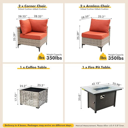 Outdoor Sectional Patio Furniture Set with Fire Pit Table and Glowing Table,6 Pieces Wicker Conversation Sets L Shaped Couch Out Door Sofa Set Outside Furniture for Garden Deck Yard,Red