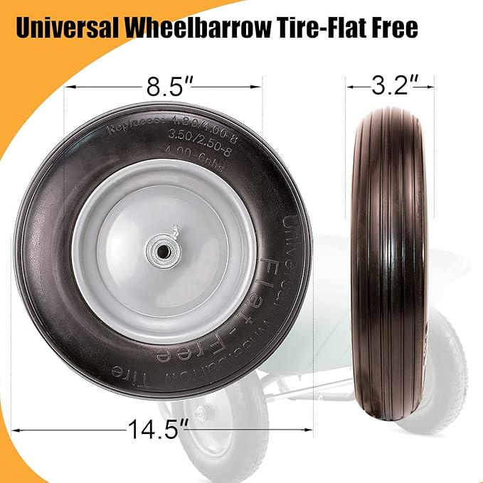 Universal Wheelbarrow Tire Flat Free 14.5"D x 3.2"W, Fits 4.80/4.00-8, 3.50/2.50-8, 4.00-6, 4.00-8 Wheelbarrow Wheels, installed 5/8" Bearing with Extra 3/4" Bearing,3"- 6" Center Hub (2 Pack)