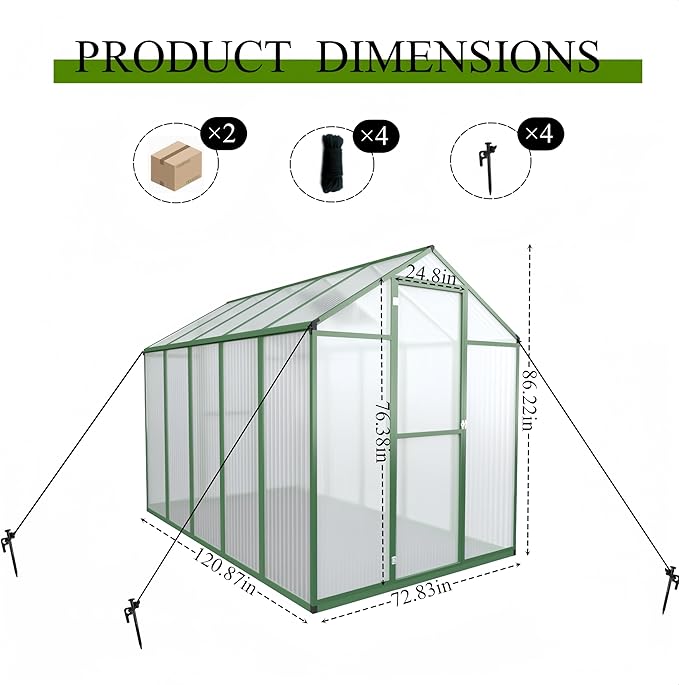 72*72in Greenhouse for Outdoors, Polycarbonate Greenhouse with Stronger Wind Protection and Roof Vent, Walk-in Large Aluminum Sunroom Winter Proof, Green