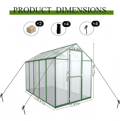 72*96in Greenhouse for Outdoors, Polycarbonate Greenhouse with Stronger Wind Protection and Roof Vent, Walk-in Large Aluminum Sunroom Winter Proof, Green