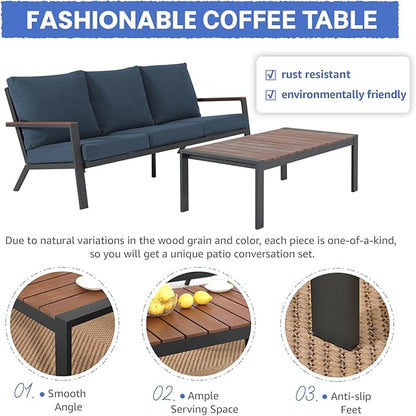 Soleil Jardin Aluminum Patio Furniture Set with FSC Certified Solid Wood Top Armrest & Coffee Table, Outdoor Deep Seating Sectional Sofa, 5 Piece Conversation Sets w/Removable Cushion, Denim Blue