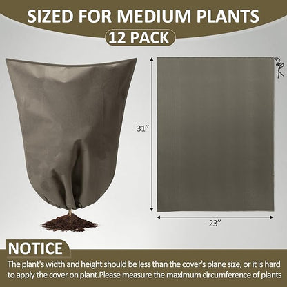 12 Packs Winter Plant Covers Freeze Protection Drawstring Tree Cover 23.62 x 31.5 in Large Reusable Frost Protection for Plants Fruit Tree Shrub, Outdoor Prevention Bag (Brown)