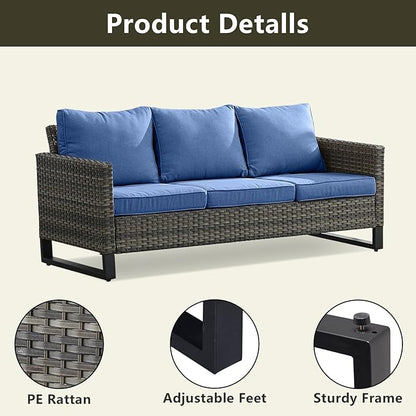 Rilyson Wicker Outdoor Patio Furniture Set - 6 Piece Patio Conversation Set with 2 Armrest Chairs,2 Rattan Ottoman,1 Couch and 1 Metal Side Table for Outside Porch Deck Backyard(Mixed Grey/Blue)
