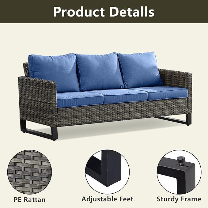 Wicker Outdoor Patio Furniture Set - 6 Piece Patio Conversation Set with 2 Swivel Rocker Chairs,2 Rattan Ottoman,1 Couch and 1 Metal Side Table for Outside Porch Deck Backyard(Mixed Grey/Blue)