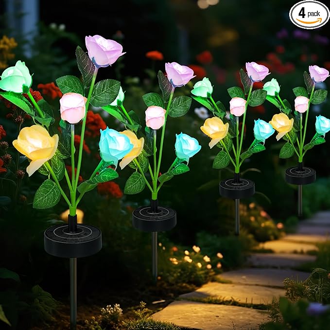 Solar Flowers Lights - Upgraded Outdoor White Rose Flowers Lights, 7-Color Changing & Waterproof Outdoor Solar Lights for Garden, Patio, Backyard,Party and Office (White Rose, 4)