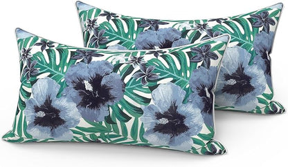 LVTXIII Set of 2 Outdoor Lumbar Pillows for Patio Furniture with White Piping, 12"x20" Fade Resistant Patio Lumbar Pillows with Inserts for Home Coach Sofa Use, Blue Salmone Tropical