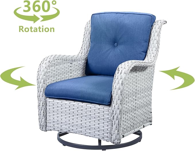 HUMMUH 5 Pieces Outdoor Furniture Patio Furniture Set Wicker Swivel Patio Chairs with 2 Seater Outdoor Sectional Sofa/Patio Loveseat with Ottomans(Light Grey/Blue)