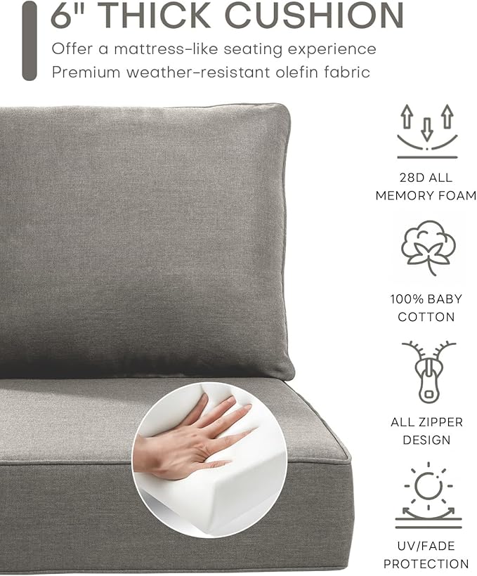 Luxury 22x24/22x25 6-Inch Outdoor Seat Cushions - Set of 2 Water Resistant Patio Chair Comfortable Cushion for Rattan Dining Rocker Glider Chairs Loveseat Couch Sectional Sofa - Grey