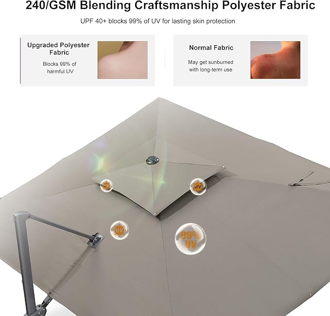 PURPLE LEAF 10' x 13' Cantilever Patio Umbrella Outdoor Umbrella with 330lbs Base Large Rectangular Windproof Offset Umbrella for Pool Deck Garden, Ash Mocha