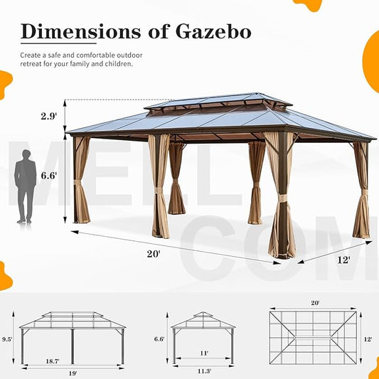 MELLCOM 12x20ft Hardtop Gazebo, Polycarbonate Double Roof Aluminum Gazebos, Outdoor Waterproof Pergola with Netting and Curtains for Backyard, Deck, Patio