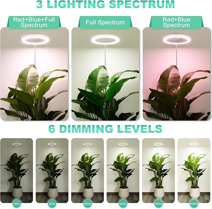 LORDEM 10" Grow Light for Indoor Plants, Full Spectrum Plant Lamp with 160 LEDs, 4H/8H/12H Timer, 10 Dimmable Levels, 3 Spectrum Modes, Height Adjustable 65", Ideal for Growing Large Tall Plants