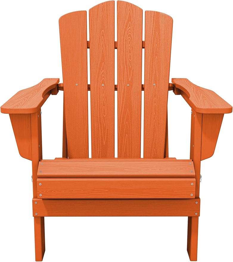 KINGYES Folding Adirondack Chair, HDPE All-Weather Patio Chairs, Wooden Textured Lawn Chair for Poolside, Backyard, Deck, Fire Pit, Orange