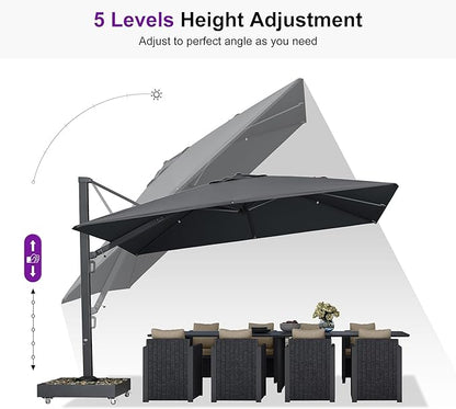 PURPLE LEAF 12' X 9' Rectangle Patio Umbrella with Base Included Large Outdoor Aluminum Offset Umbrella with 360-degree Rotation Cantilever Umbrella for Garden Deck Backyard Pool Grey
