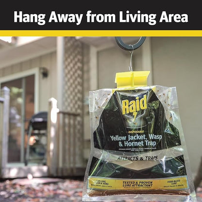Raid Yellow Jacket, Wasp & Hornet Trap, 6 Pack, Disposable, Convenient, Hanging Fly Trap Bags with Food-Based Lure, No-Spray Outdoor Fly Traps Suitable Defense for Yards, Patios & Campsites