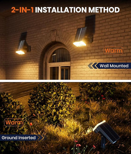 Solar Powered Spotlights Outdoor 1 Pack,IP67 Waterproof Wall&Ground Solar Lights Outside,3 Colors+3 Modes,Dusk to Dawn Flood Lights for Driveway/Garden/Pathway/Tree/Patio/Yard Decor Landscape Lighting