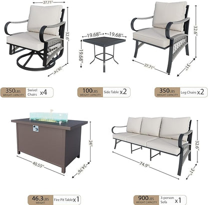10 Pieces Outdoor Patio Conversation Sets with All Weather Cushions, Metal 3-Seater, 4 Swivel Rockers, 2 Single Chairs, 2 Side Tables, 1 Fire Pit Table for Backyard Deck Porch Poolside, Beige