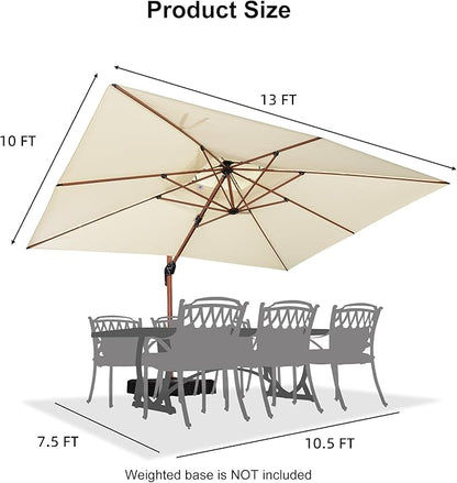 PURPLE LEAF 10' X 13' Double Top Deluxe Wood Pattern Rectangle Patio Umbrella Offset Hanging Umbrella Outdoor Market Umbrella Garden Umbrella, Cream