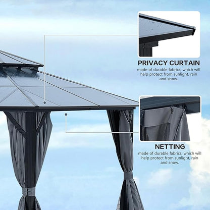 KEIKI 12 * 16FT Permanent Hardtop Gazebo with Netting and Curtains, Double Roof Waterproof Pergola Sunshade Pavilion for Outdoor Patio Lawn Backyard and Garden, Aluminum Frame Polycarbonate Canopy