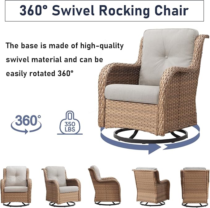 Swivel Patio Conversation Sets ：5 Piece Outdoor Patio Furniture with Swivel Chairs Wicker Furniture Set with Loveseat and Ottoman
