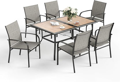 7 Pcs Patio Dining Set for 6, Rectangular Metal Dining Table (PVC Table Top) with Umbrella Hole and 6 Chairs, Outdoor Dining Set for Lawn Garden Deck, Brown