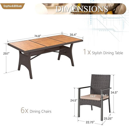 Sophia & William 7 Piece Patio Dining Set, Patio Table and Chairs Set Outdoor Dining Set for 6, Acacia Wood Patio Dining Table Set with PE Rattan Wicker Chairs for Garden, Porch, Backyard