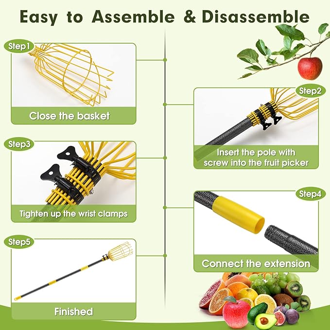 INFLATION Fruit Picker Tool,Apple Picker Pole with Basket,5.5 FT Adjustable Fruit Picker Pole with Basket Telescoping,Sturdy Basket with Foam Pad for Picking Avocado Acorn Lemon Pear Mango……