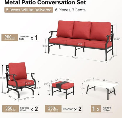 6 Piece Metal Outdoor Patio Furniture Set, Patio Conversation Set 1 3-Seater Sofa, 2 Rocking Chair, 2 Ottomans with 5.75" Thick Cushion and Coffee Table, Black Backyard Furniture, Red