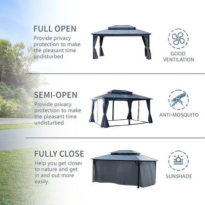KEIKI 12 * 16FT Permanent Hardtop Gazebo with Netting and Curtains, Double Roof Waterproof Pergola Sunshade Pavilion for Outdoor Patio Lawn Backyard and Garden, Aluminum Frame Polycarbonate Canopy