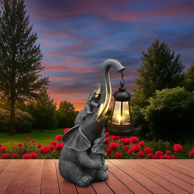 Solar Elephant Garden Lantern Statue Decor - Blessing Guardian, Auto On/Off Weatherproof Resin for Patio, Safari Theme & Good Luck
