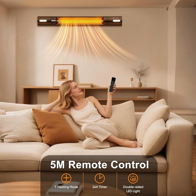 YESERLl Electric Patio Heater with LED Light- 1500w Outdoor Fast Heating with 3 Power Setting,Wall Mounted Carbon Infrared Heater Quiet - IP65 Waterproof and 24H Timer for Snow Outdoor