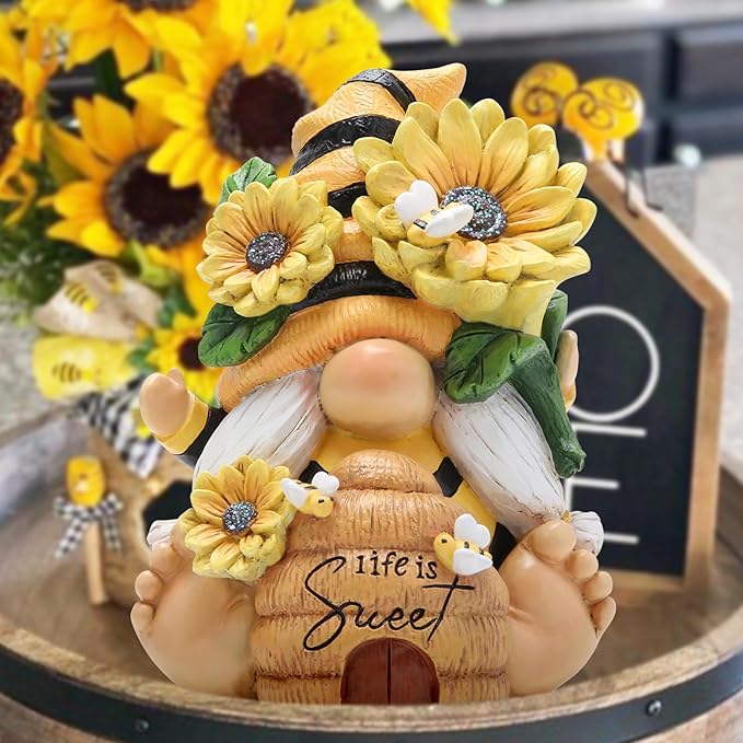 Hodao Gnome Figurine Decorations Indoor Home Decor Sweet Life Bee Gnome - The Sweetness and Warmth of Nature - Summer Garden Patio Gnome Sculpture Decorations (Bees gnome)