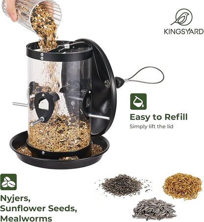 Kingsyard Metal Bird Feeder for Outdoors Hanging with 8 Ports, 4.5 lbs Large Tube Bird Feeder with Seed Tray for Cardinal Finch, Easy to Fill and Clean, Black