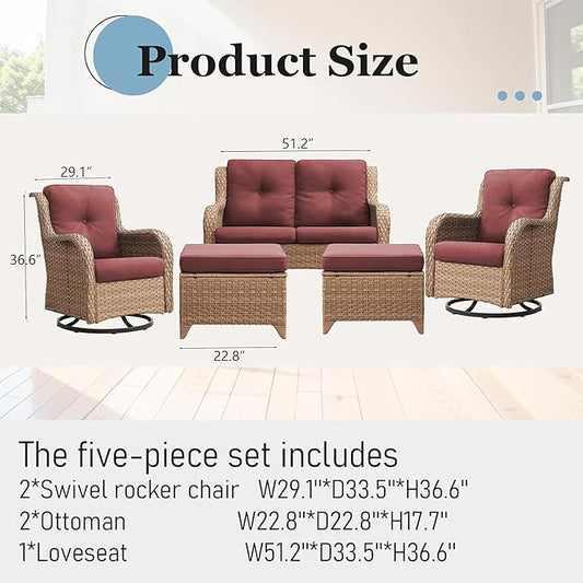 Patio Furniture Set with Swivel Chairs, 5 Pieces Outdoor Wicker Furniture Set with Patio Swivel Rocker Chairs for Patio, Yard, Deck, Porch, Poolside