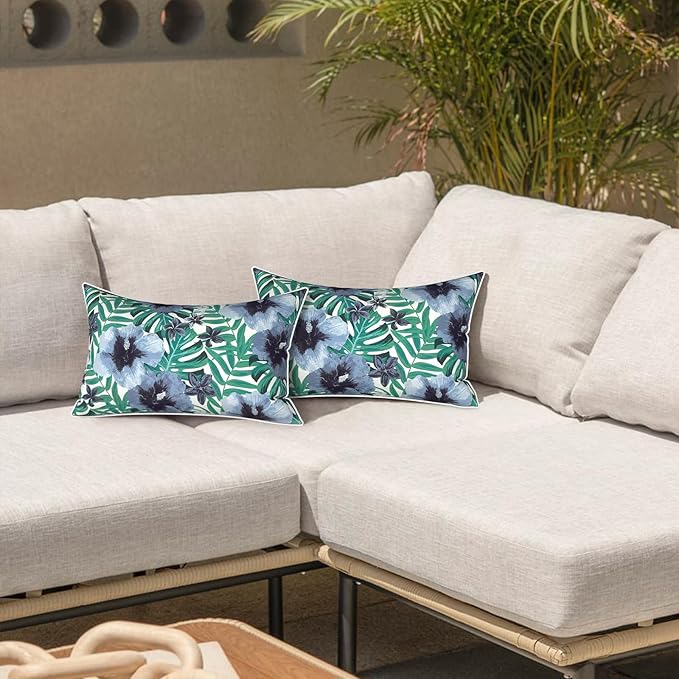 LVTXIII Set of 2 Outdoor Lumbar Pillows for Patio Furniture with White Piping, 12"x20" Fade Resistant Patio Lumbar Pillows with Inserts for Home Coach Sofa Use, Blue Salmone Tropical